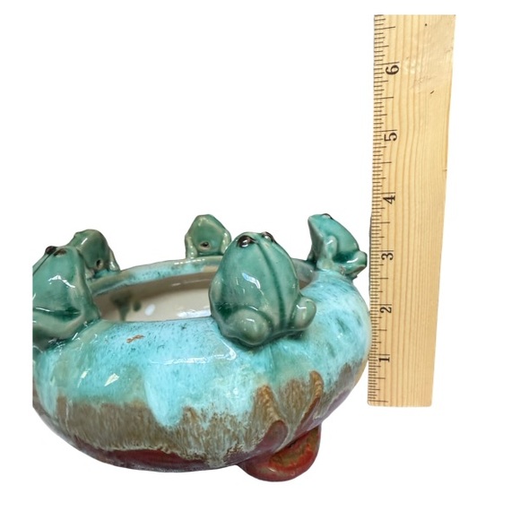 Majolica Style Round Pottery Planter 5 Frogs Bowl Turquoise Brown Drip Glaze - Picture 7 of 7